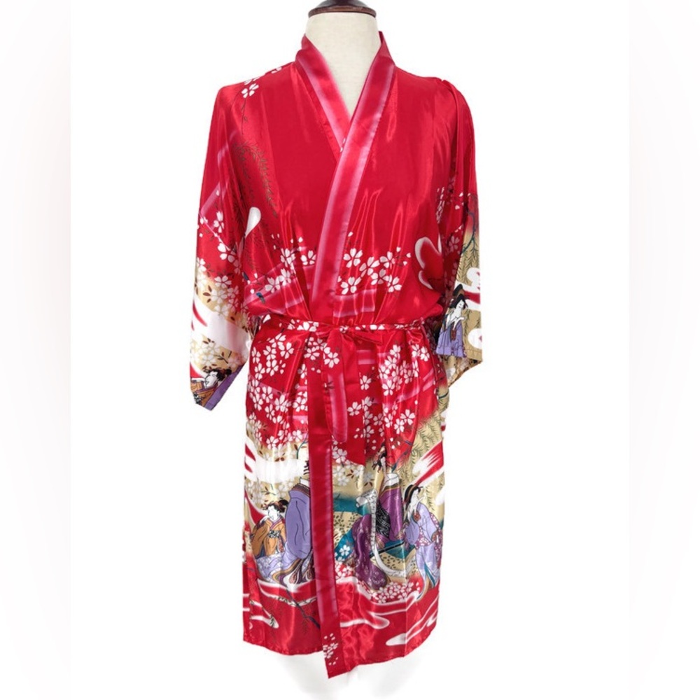 Hanboyuan Red Satin-Feel Kimono Robe Floral Print Wrap Lounge‎ Robe OS
